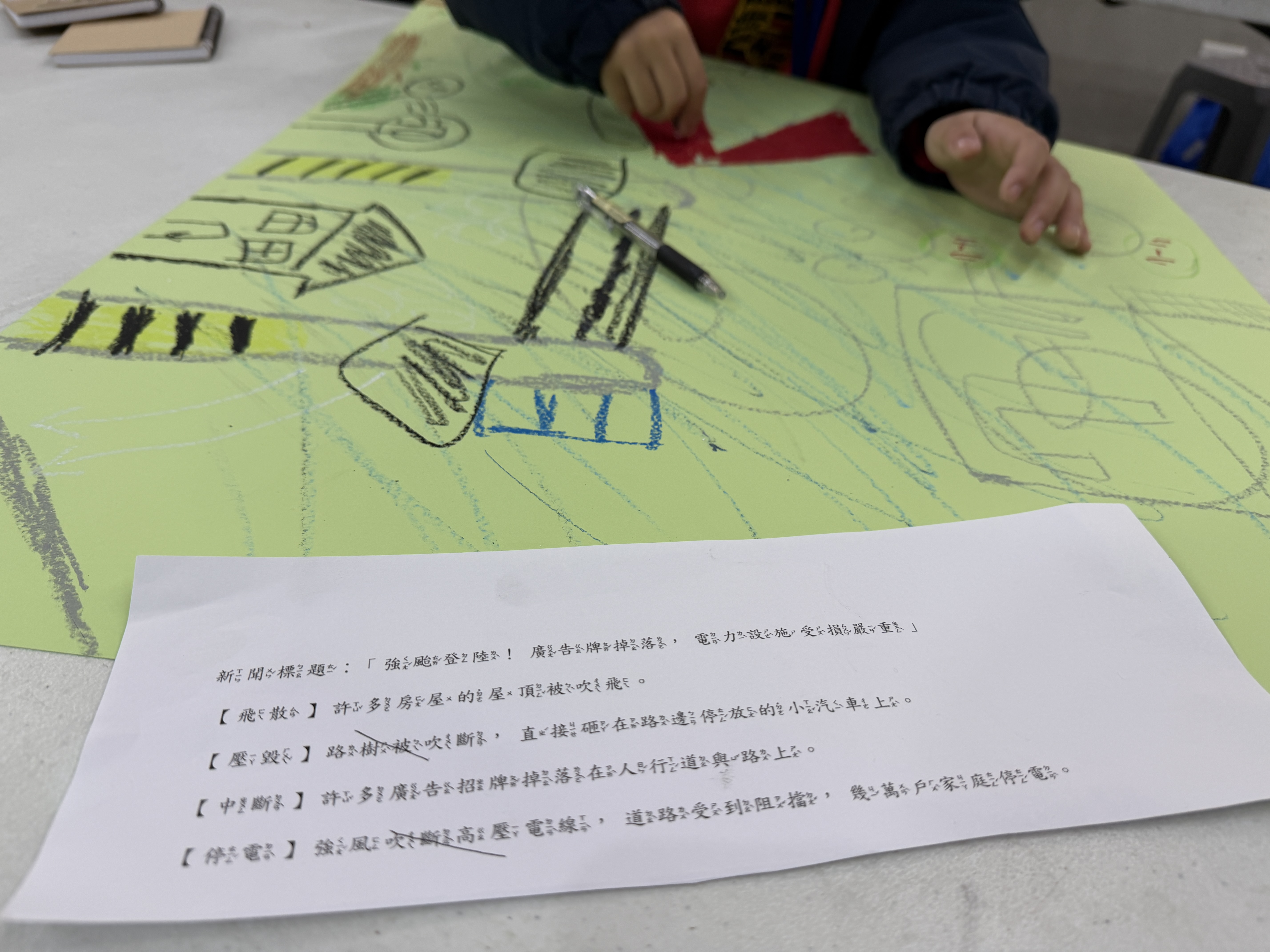 透過不同災情的標題與提示詞，讓孩子們在課堂上藉由繪畫展露出面對災害的直觀心境。