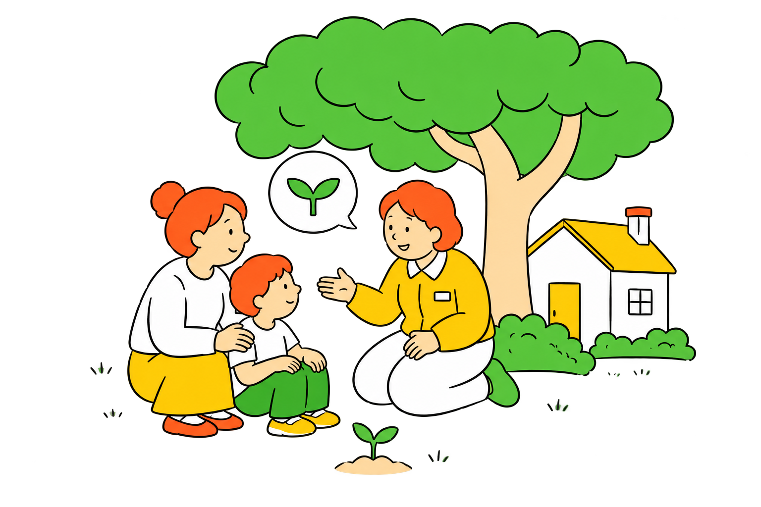 An MSM community worker listens to a caregiver and child beneath a tree.