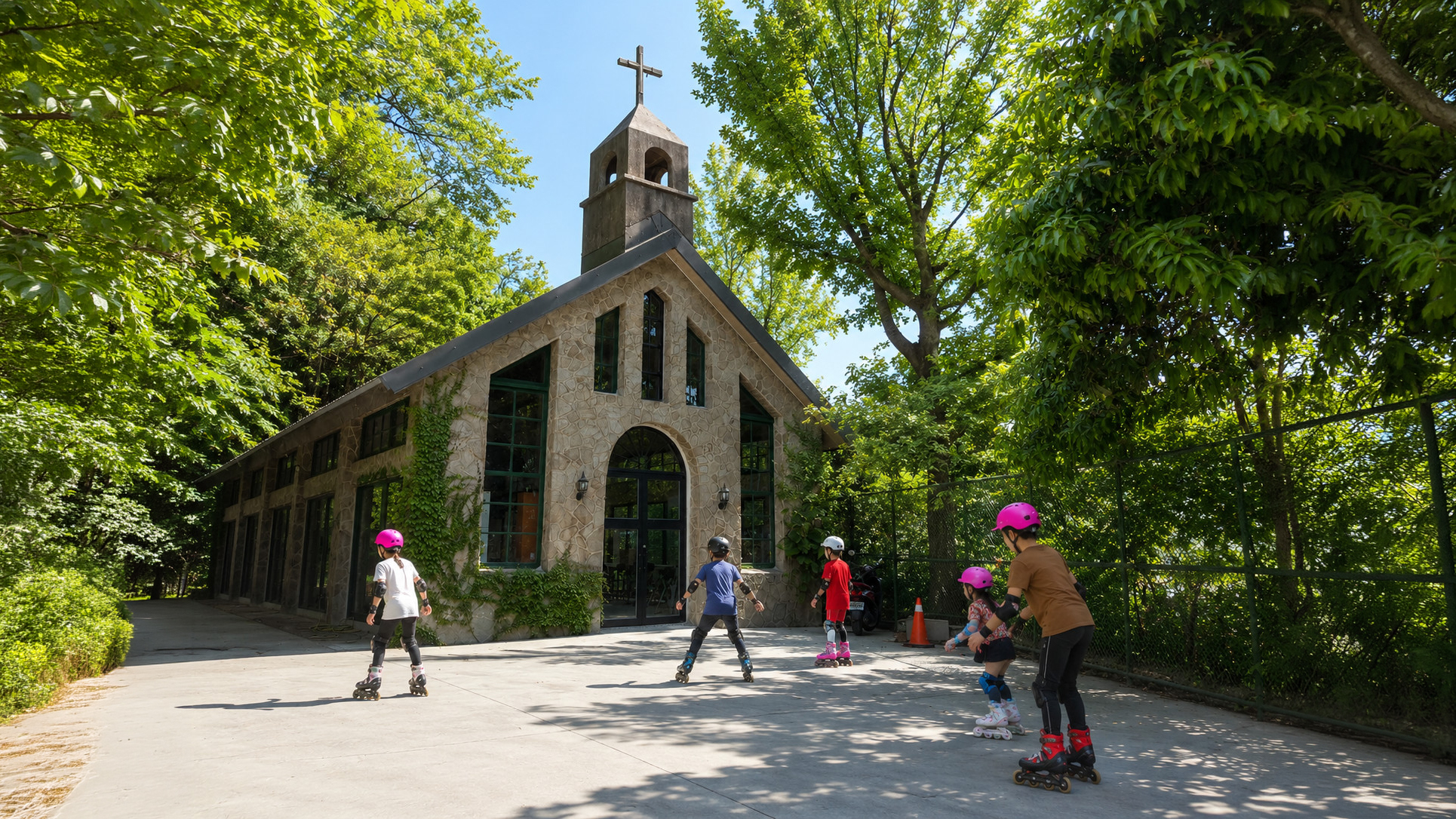 Children roller-skating outside Agape Children's Home in New Taipei City