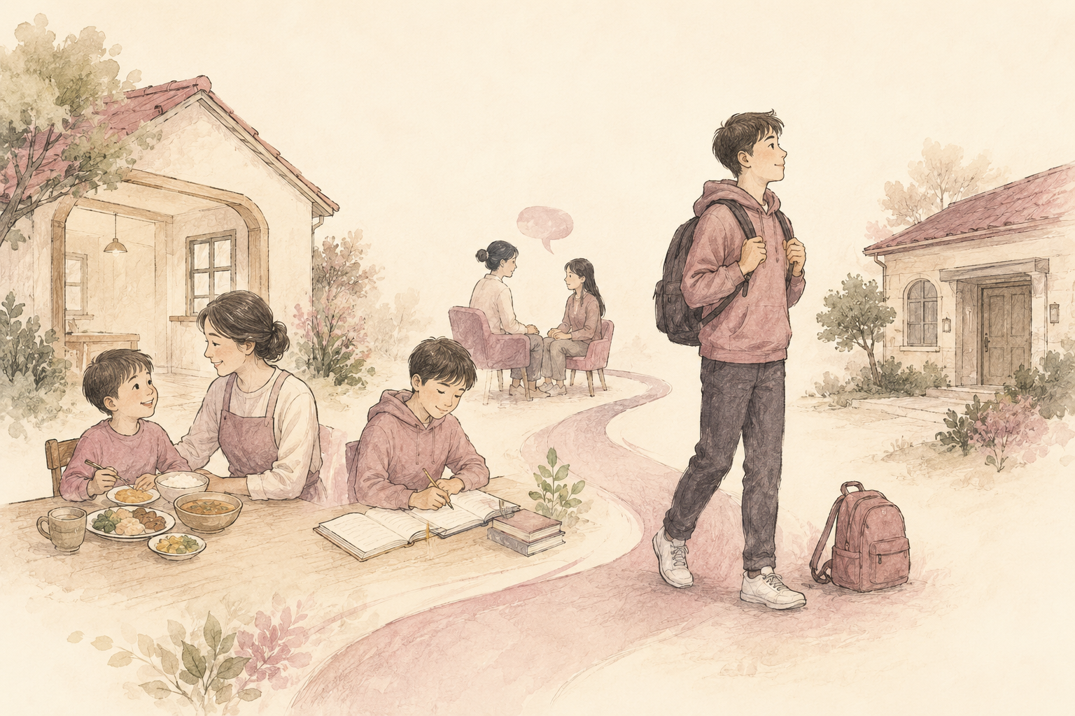 Illustration of a younger child and a teenager receiving daily care, learning support, and guidance toward independent life