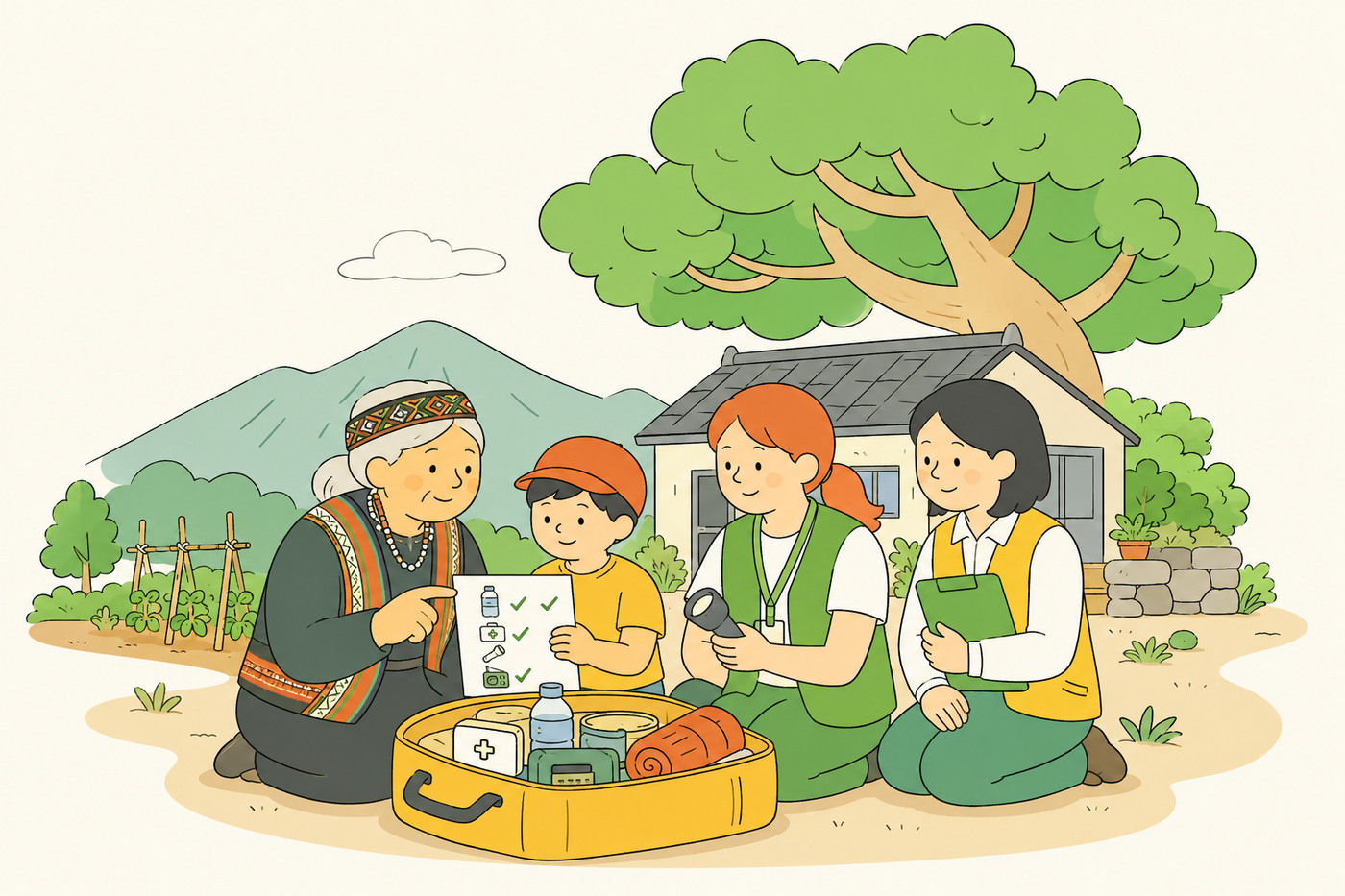 Illustration of an Indigenous elder, a child, and community workers reviewing an emergency kit beside a rural home