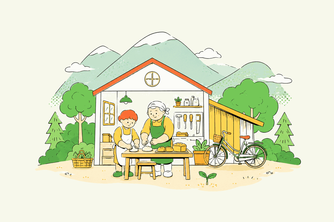 Illustrated Beipu Vocational Training Center with a mountain workshop, mentor and young baker, bread, tools, and a bicycle.