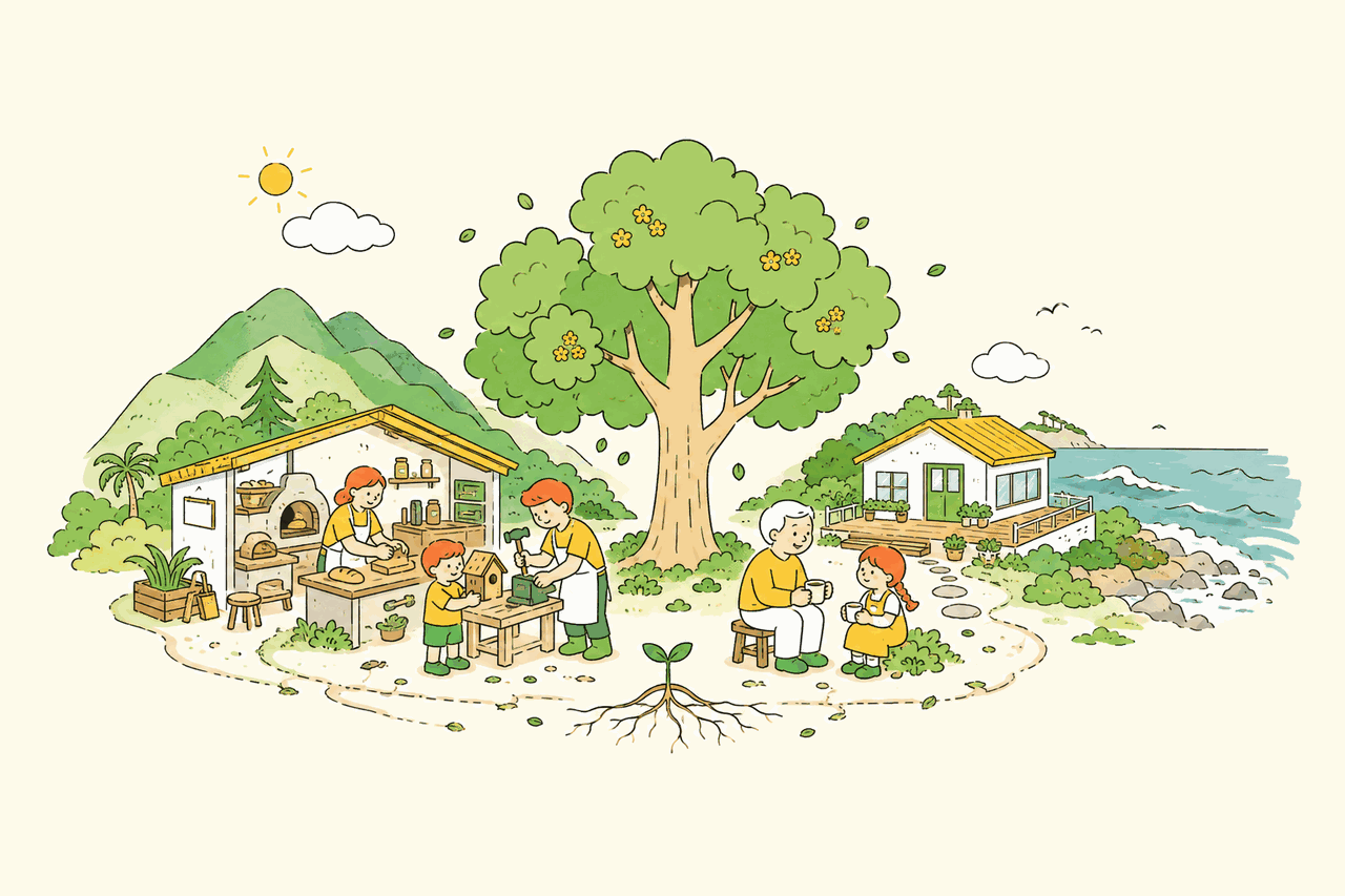 A growing mustard tree connects a Hualien vocational workshop, a Wanli coastal retreat, and children, young people, and mentors.