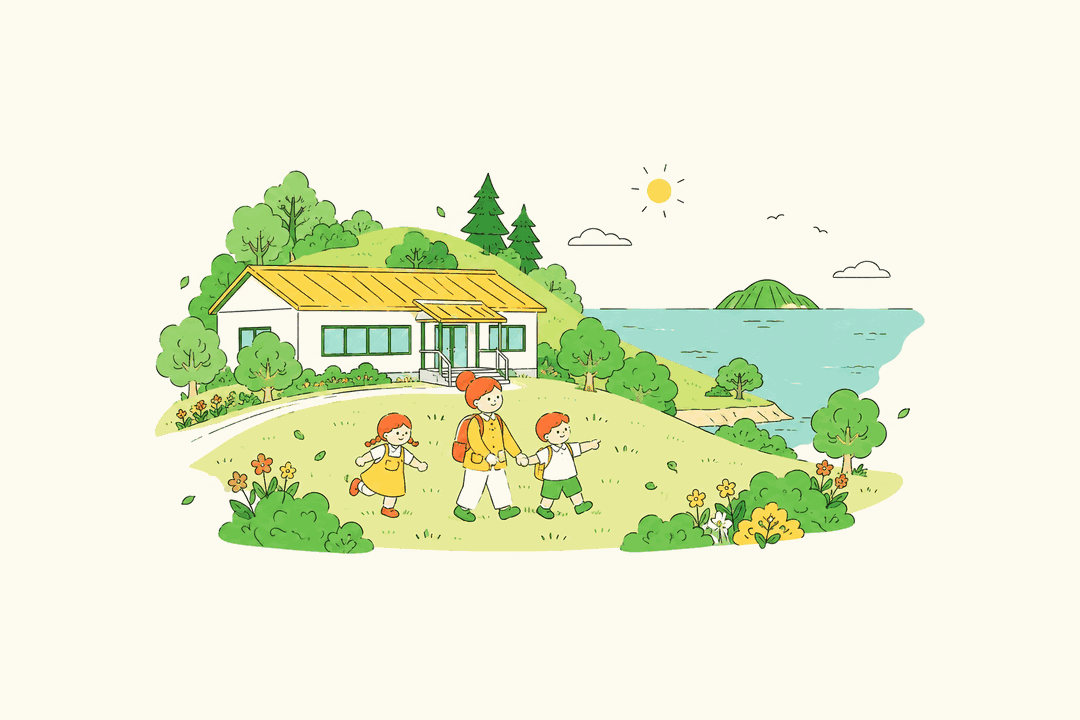 Illustrated Lillian Dickson Conference Ground with a yellow-roof retreat, green hillside, children, and the Pacific Ocean.