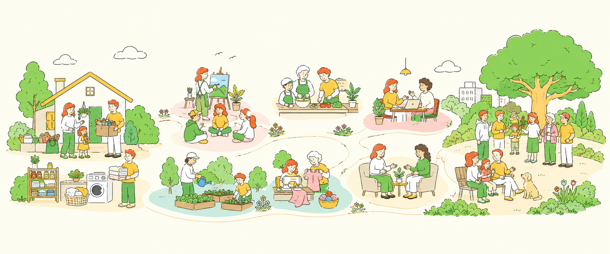 Illustration of families and community members building stability through daily resources, relationships, learning, skills, and shared community participation.