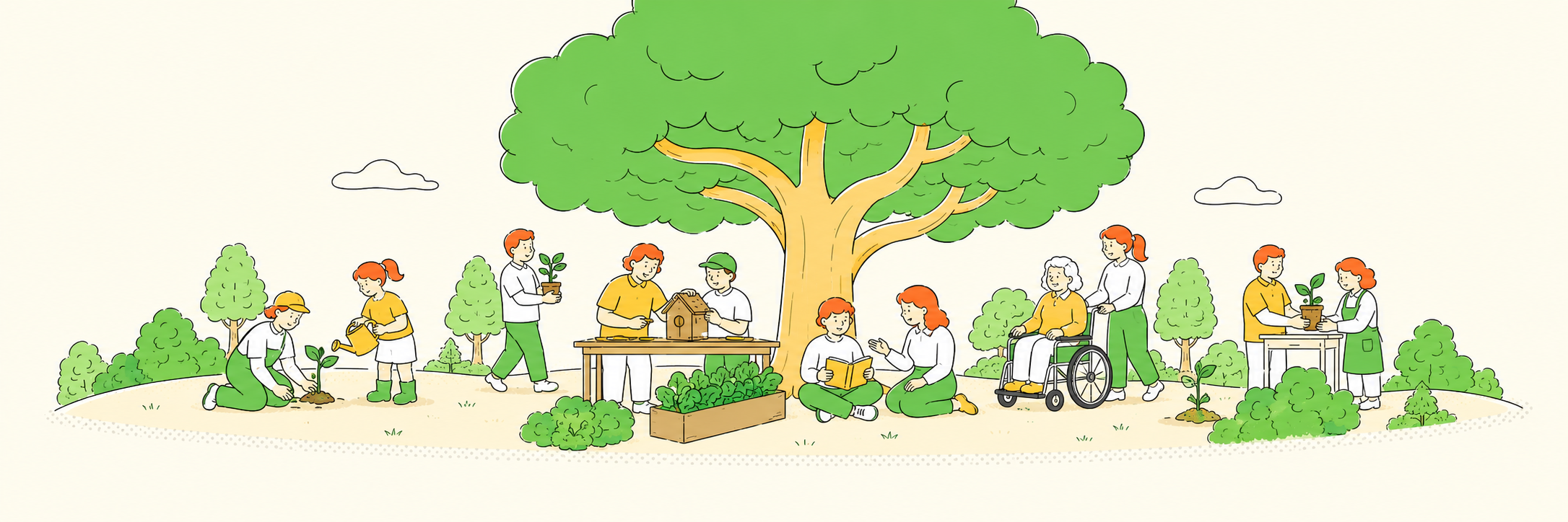 Illustration of people of different ages and roles contributing side by side beneath a mature tree through planting, learning, repairing, and shared community care.
