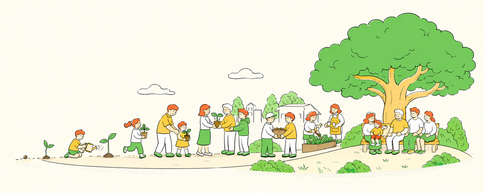 Illustration showing a mustard seed growing through shared care into a strong tree sheltering children, families, and community members.