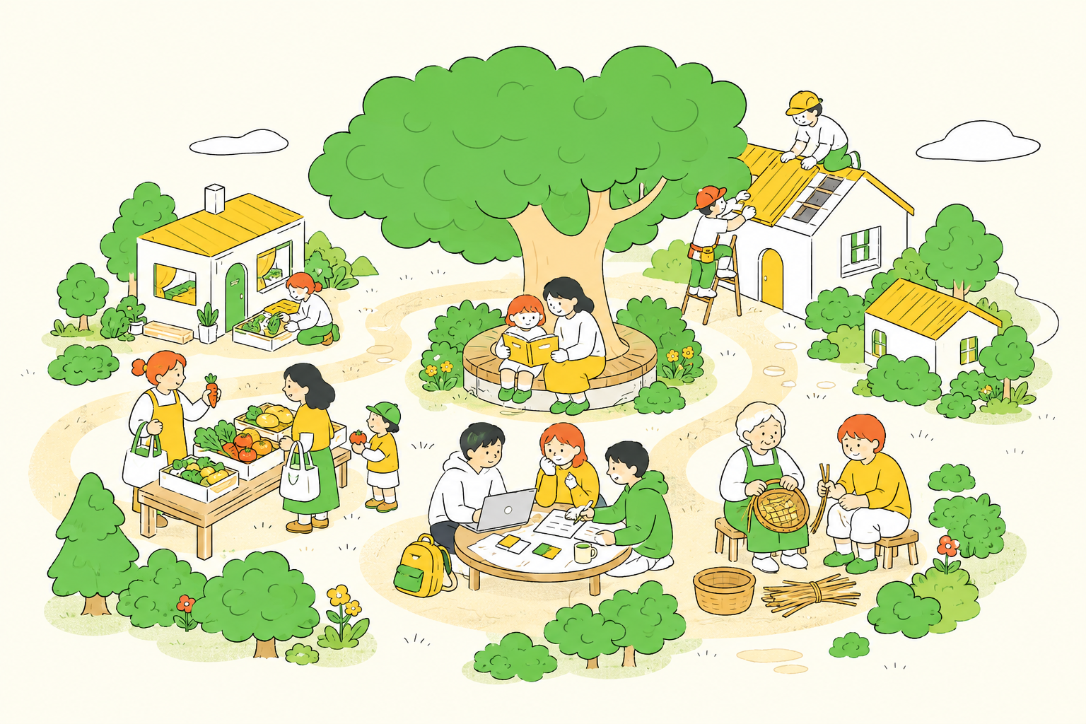 Illustrated community of children, families, mentors, social workers, and neighbors supporting one another across The Mustard Seed Mission's programs.