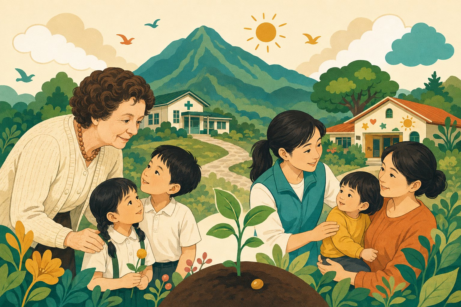 Illustration of Lillian Dickson’s historical care for children continuing through present-day family support in Taiwan