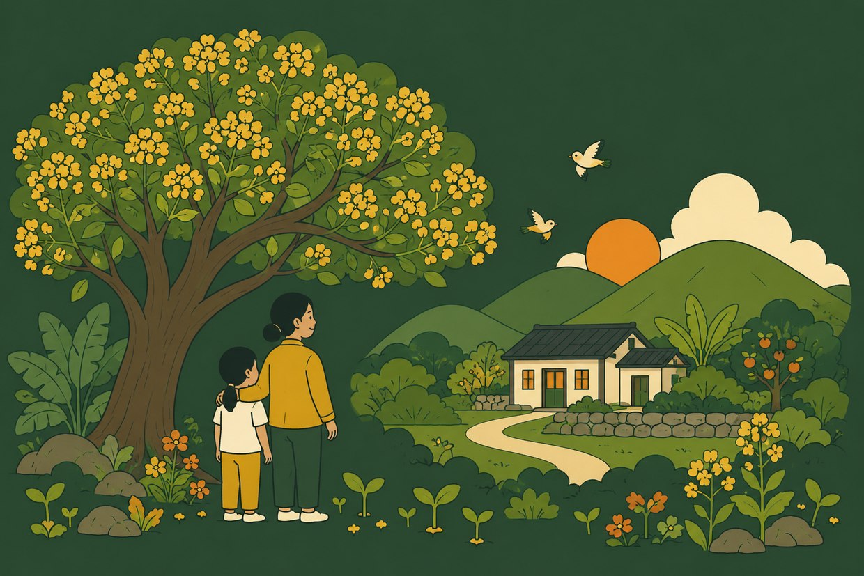 Illustration of a child and caregiver standing beneath a growing mustard tree