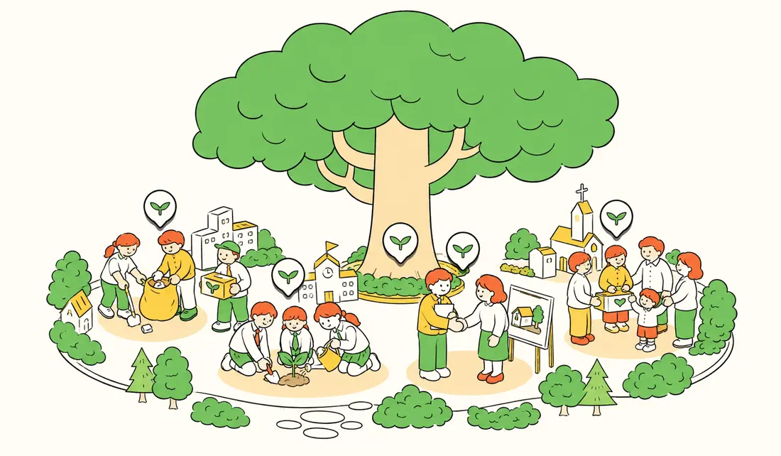 MSM-style illustrated partnership ecosystem with companies, schools, churches, volunteers, and communities gathered around a mustard tree