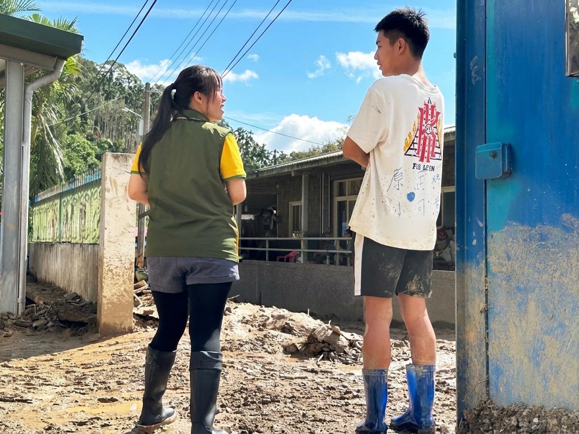 Yu speaking with an MSM team member outside his family's home after typhoon damage