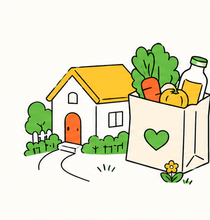 Illustration of a home and a grocery bag representing daily living support