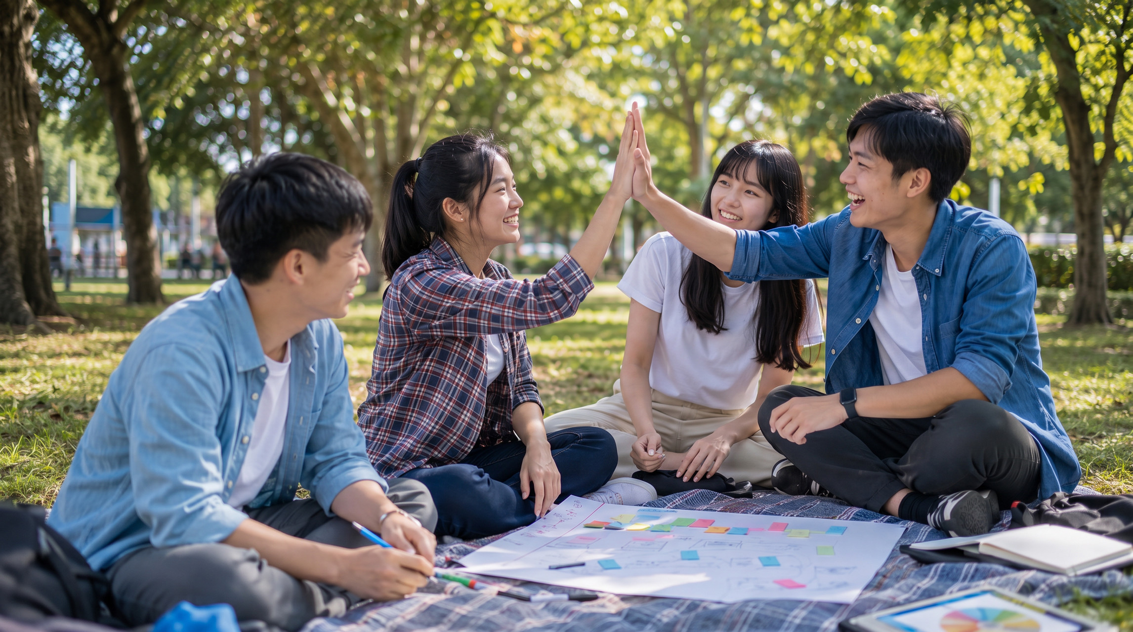 Illustrative image of Taiwanese young people sharing a high-five during a peer-learning activity
