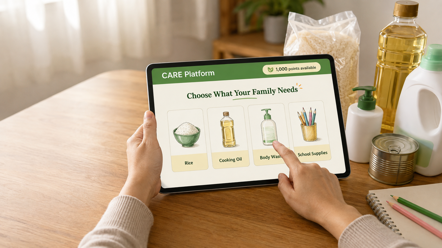 Hands using the CARE Platform on a tablet to choose food, household, hygiene, and school essentials