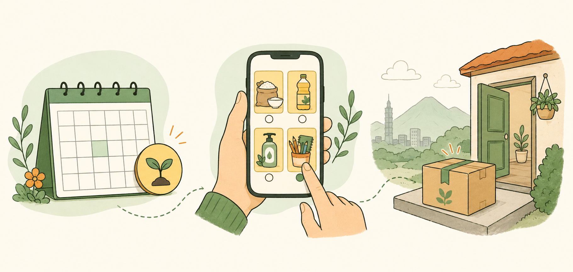 Illustration showing monthly points, choosing essentials on a phone, and delivery to the family's home