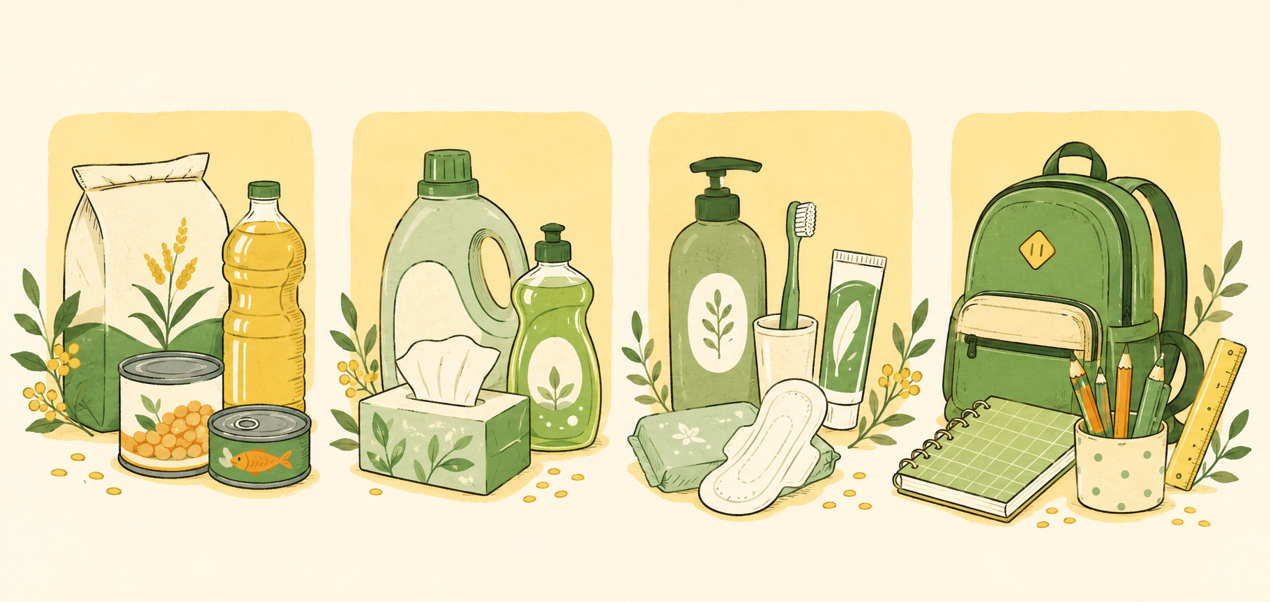 Illustrations of food, household care, personal hygiene, and school essentials available through the CARE Platform