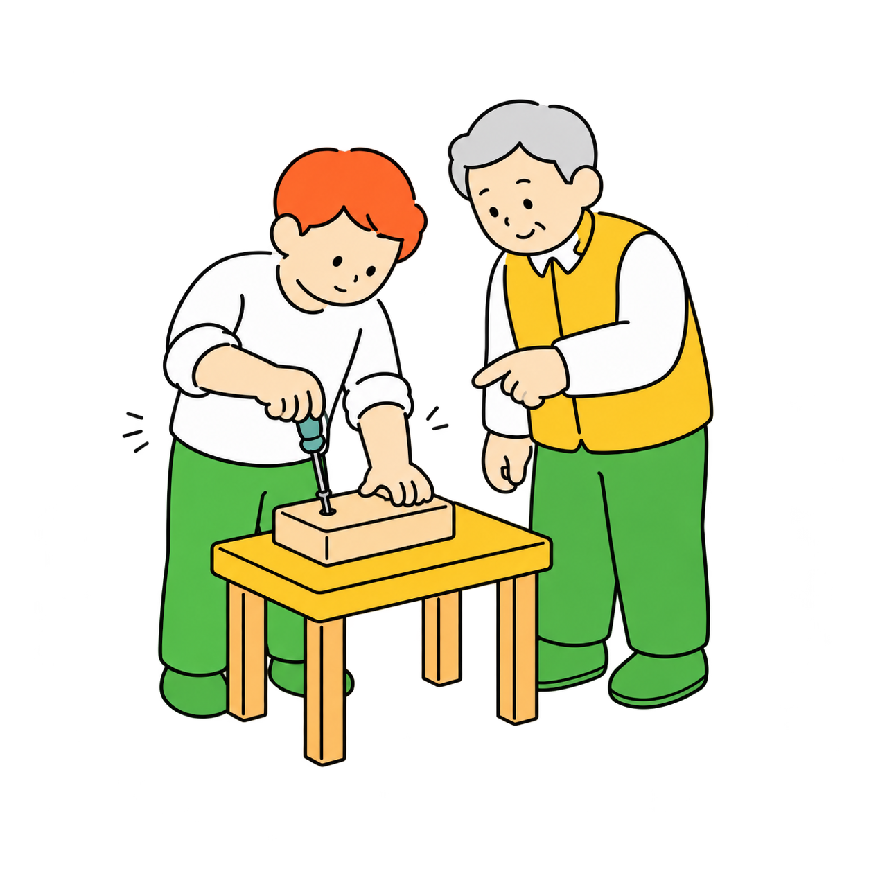 MSM-style illustration of an adult learner practicing a trade skill with guidance from an older trainer