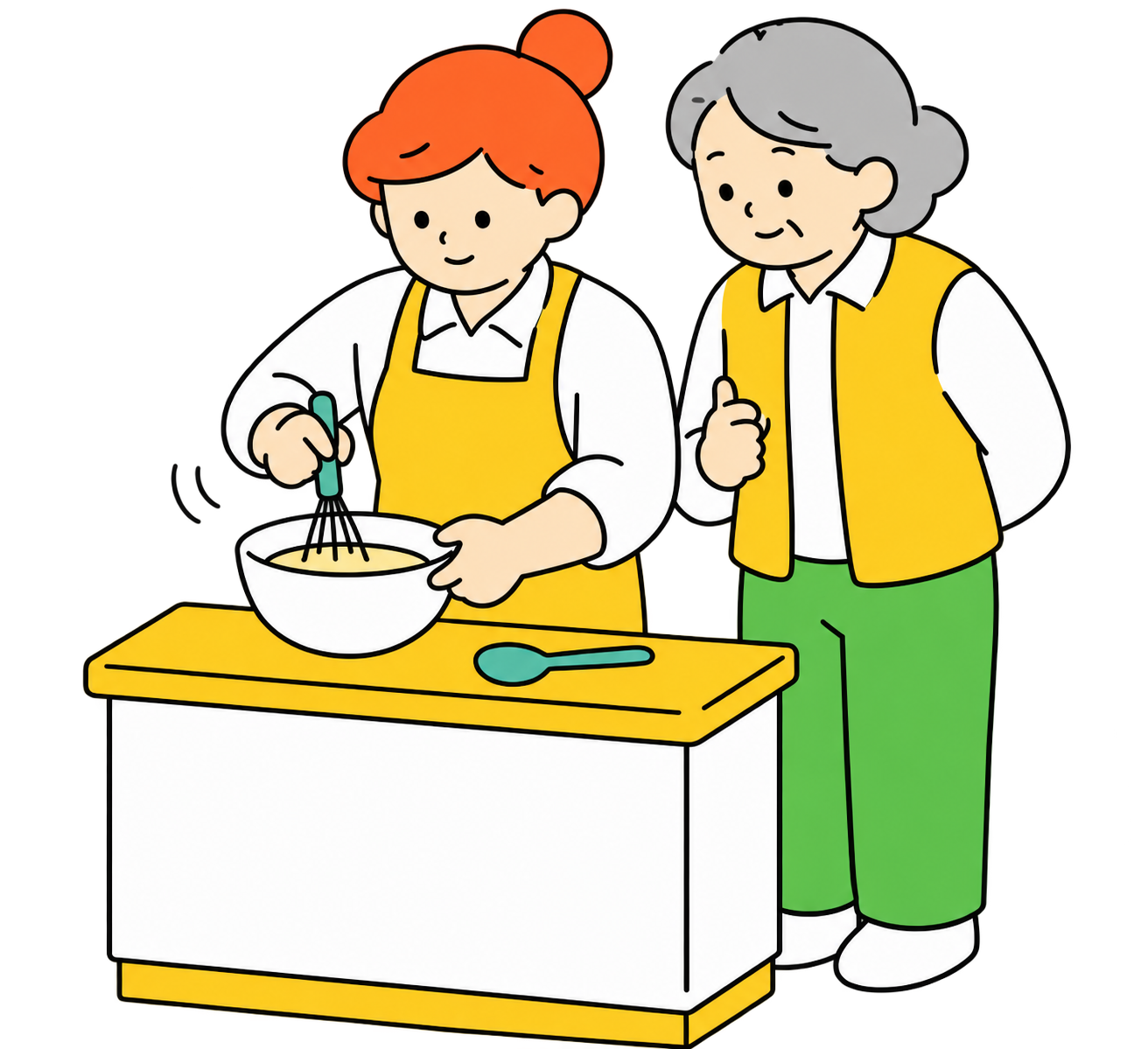 MSM-style illustration of an adult learner applying food-service skills with support from an older mentor