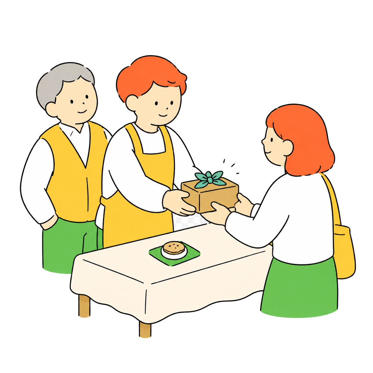 MSM-style illustration of a participant using new skills to serve a customer with an older mentor nearby