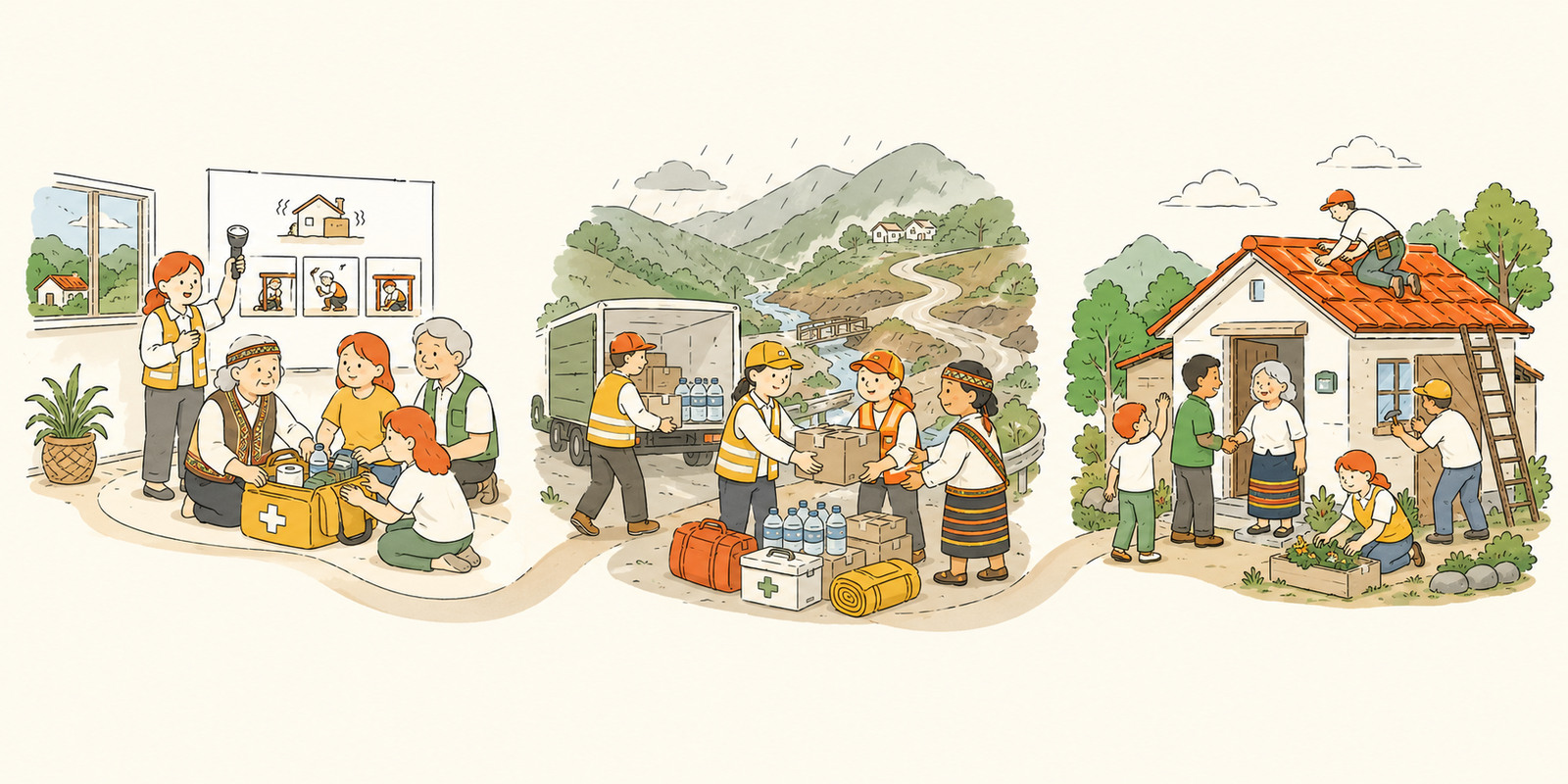 Illustrated disaster resilience cycle showing community preparedness, emergency supply mobilization, and home recovery