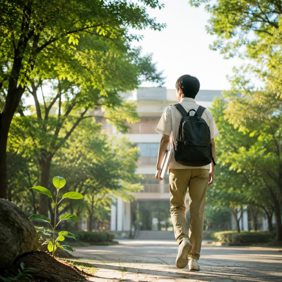 A young person walking confidently toward school and a self-chosen future