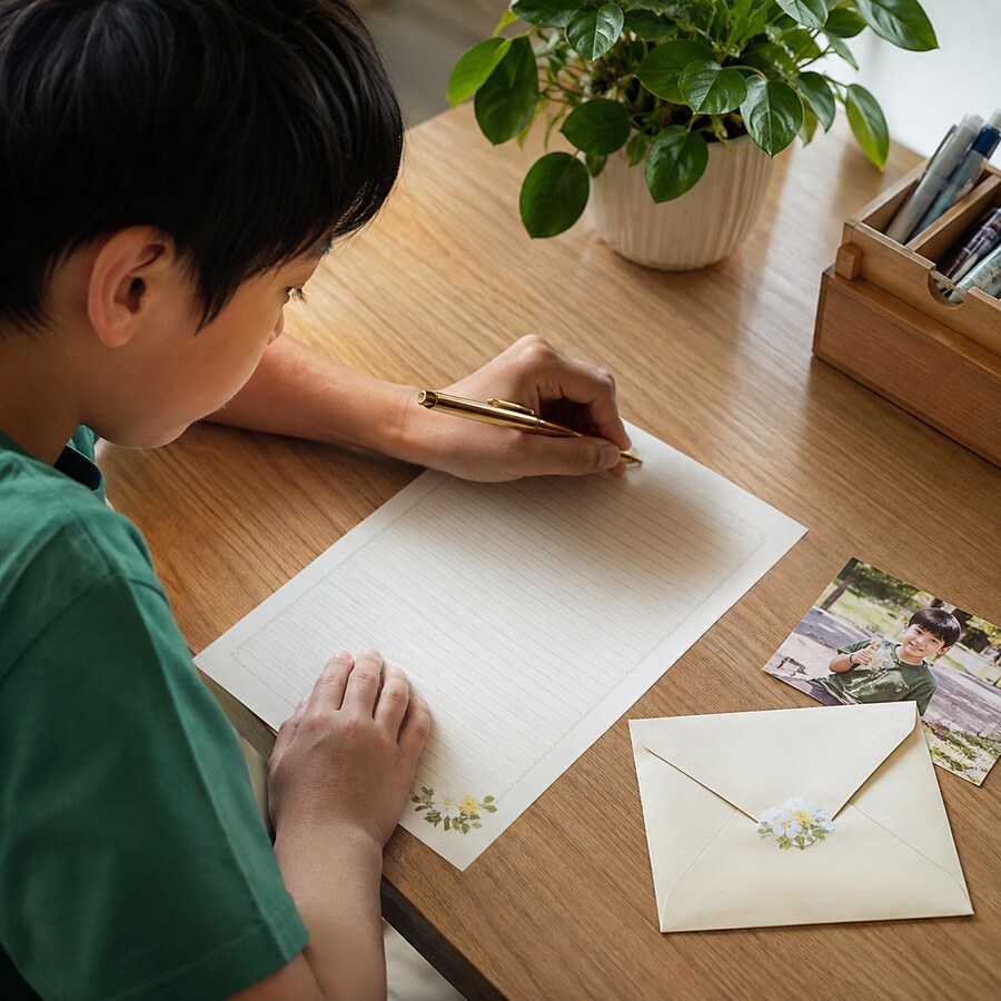 A child writing a letter beside an envelope and progress photo