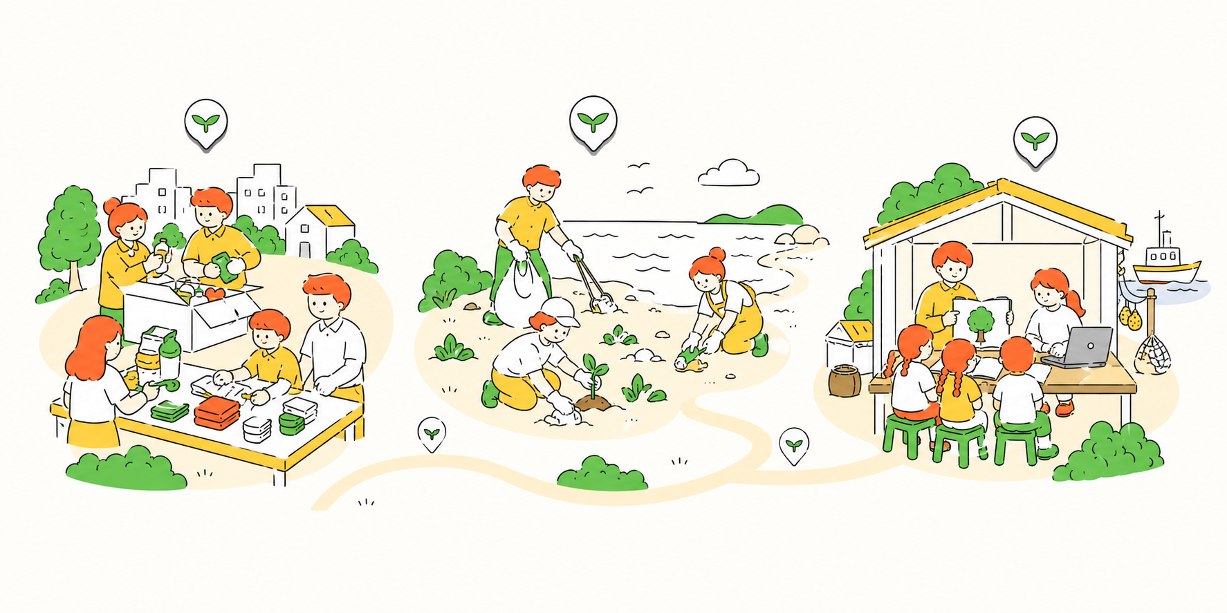 Illustration of corporate, environmental, and university partnerships in community settings