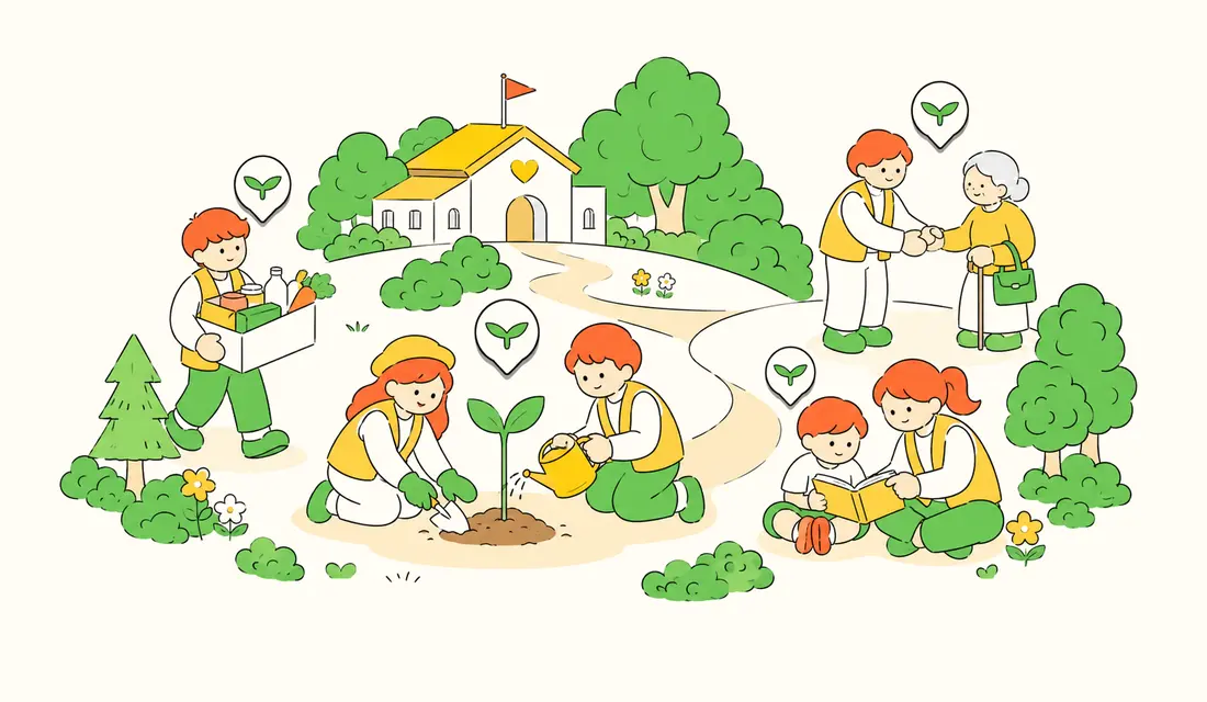 MSM-style illustration of volunteers planting, delivering essential goods, reading with a child, and supporting an older adult