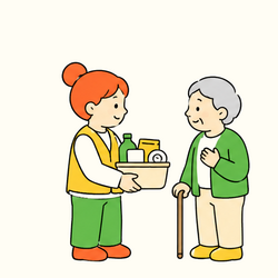 Illustration of a volunteer delivering essential goods to an older adult