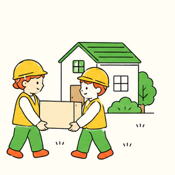 Illustration of volunteers carrying relief supplies near a repaired home