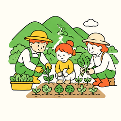 Illustration of volunteers and community members tending a small farm