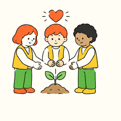 Illustration of volunteers gathering around a growing mustard sprout